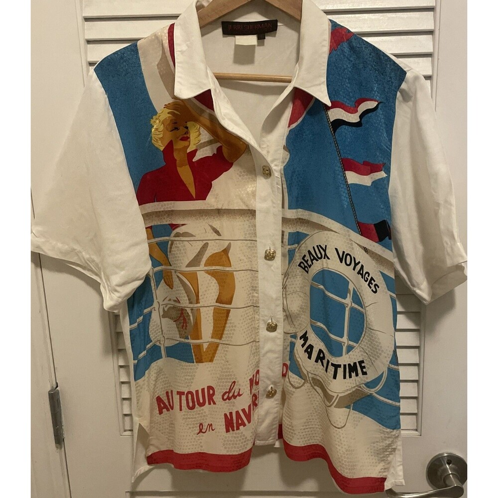 Vtg Jerri Sherman Women’s Button Shirt Size 8 Silk Artsy Nautical Yachty